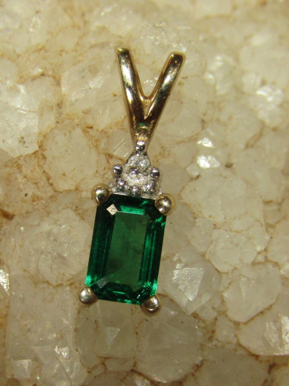 Vintage 10kt Yellow Gold, Lab Emerald and Melee Diamond Pendant